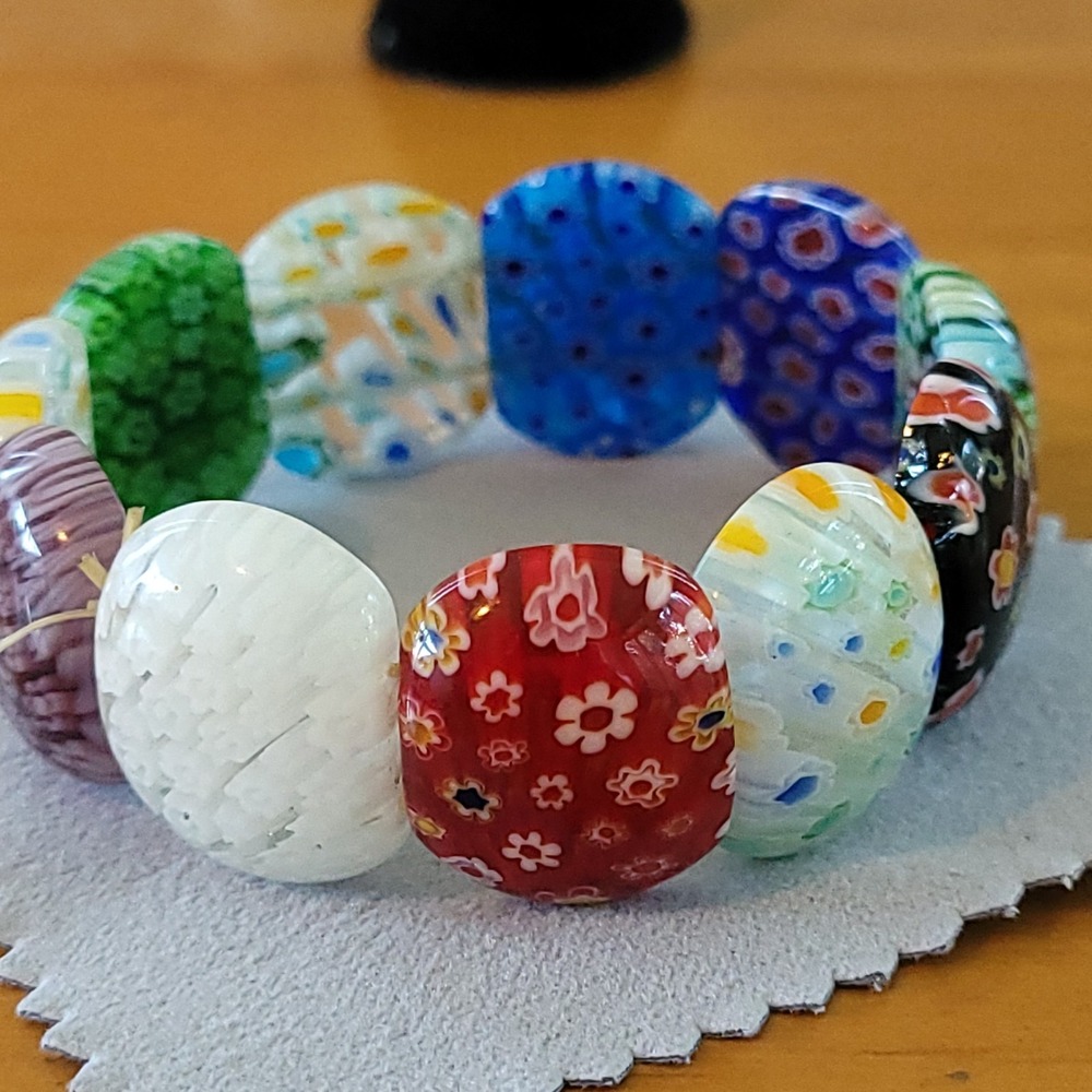 Vintage Millefiori Art Glass Floral Panel Stretch Bracelet Multicolor 44g